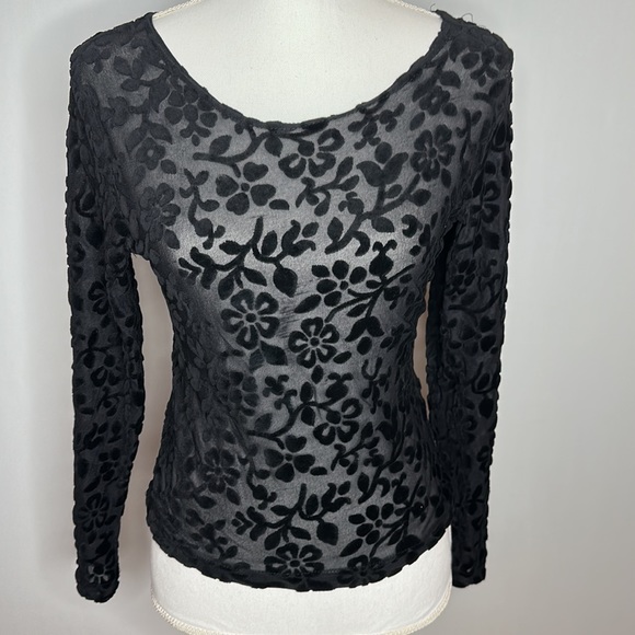 Top this black long sleeve see through top blouse size large vintage 1980 - Picture 2 of 8